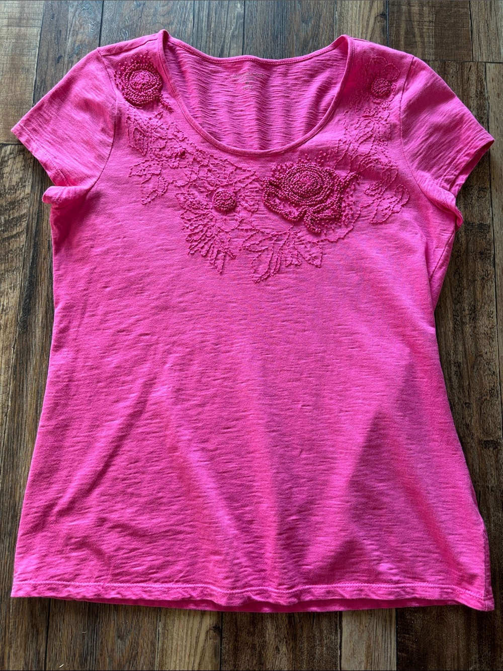 Coldwater Creek Hot Pink Short-Sleeve Tee with Floral Crochet Detail